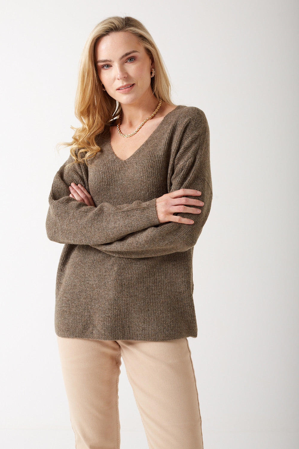 Crew V Neck Jumper in Brown