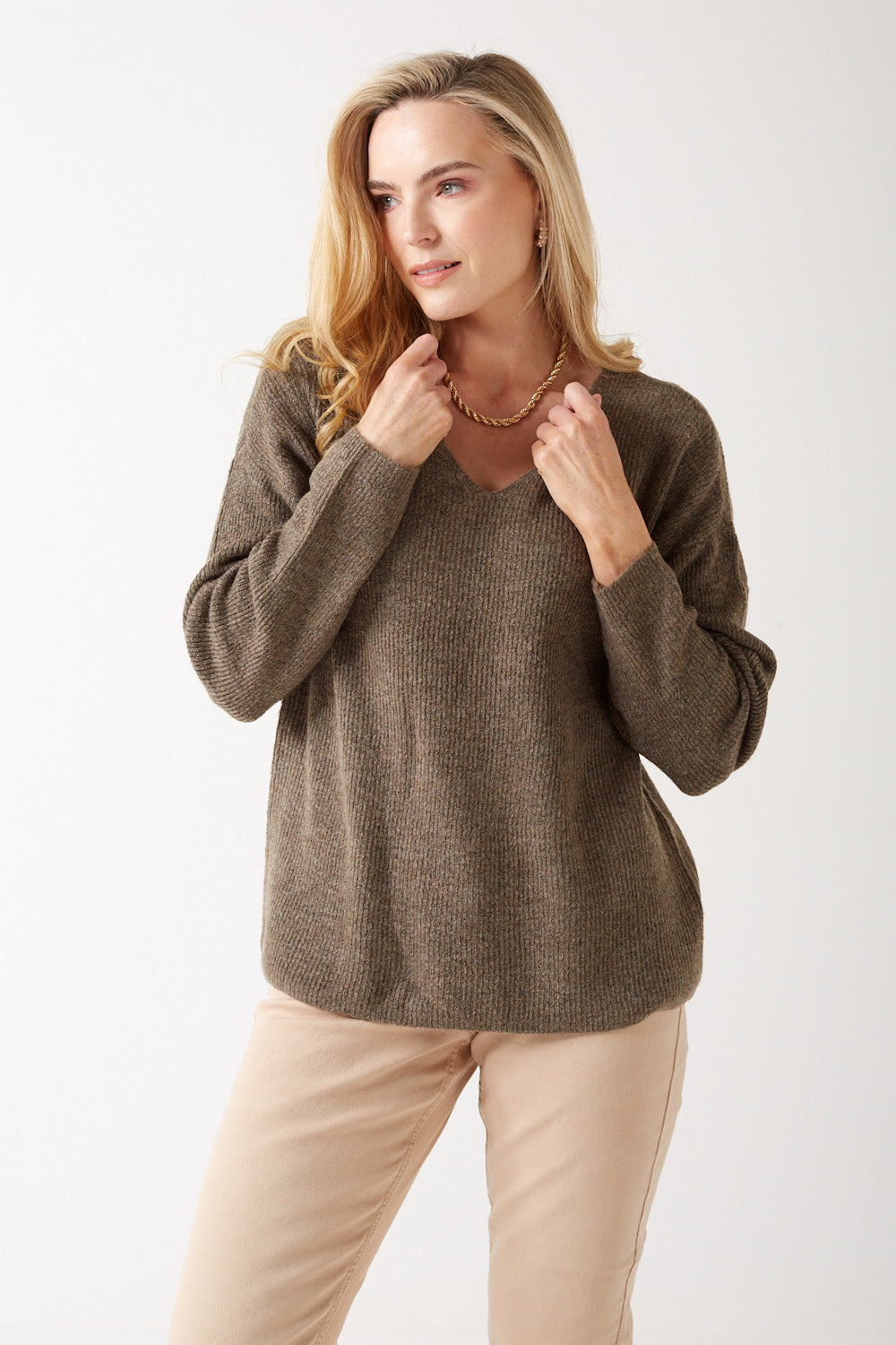 Crew V Neck Jumper in Brown