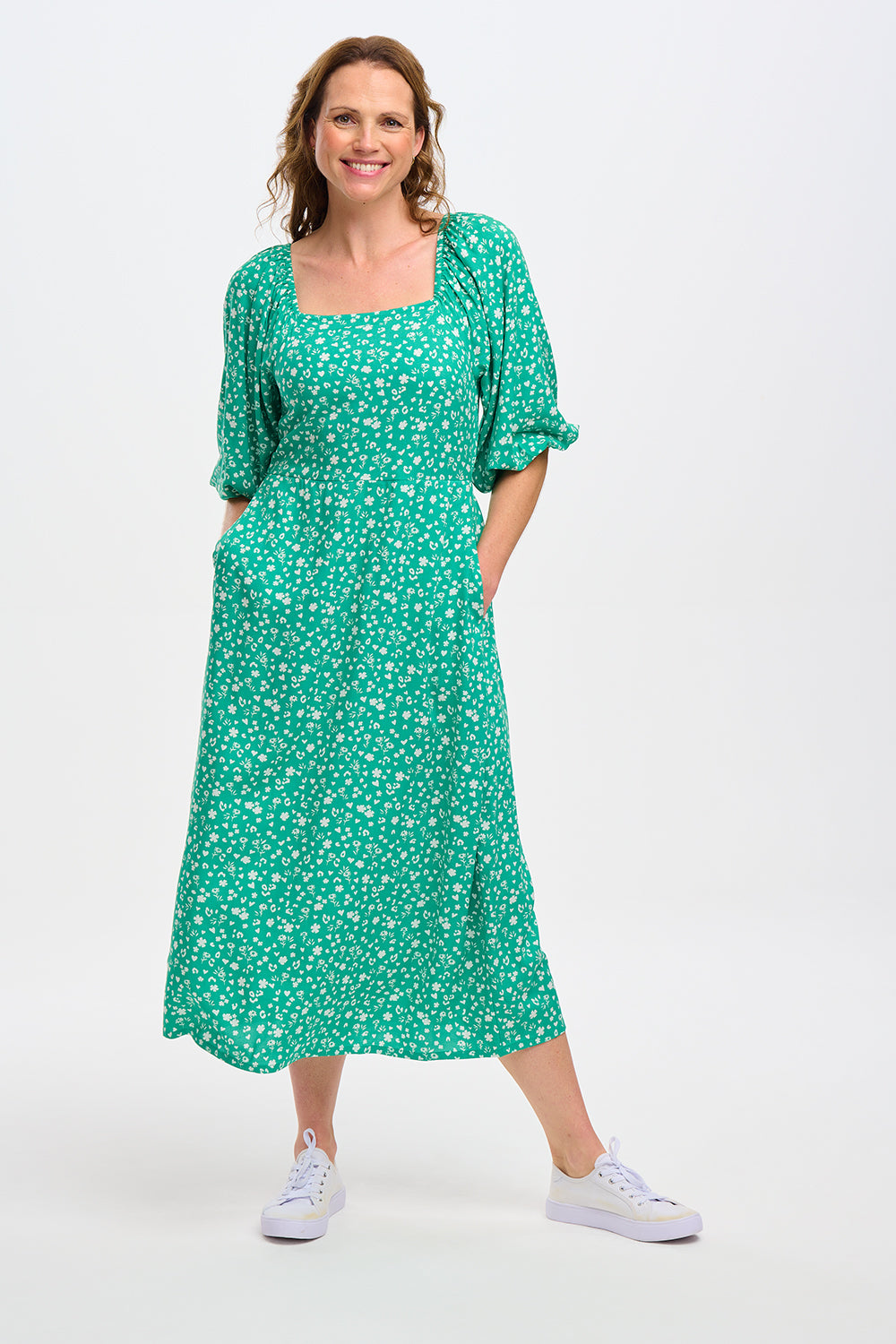 Catherine Floral Shirred Midi Dress in Green