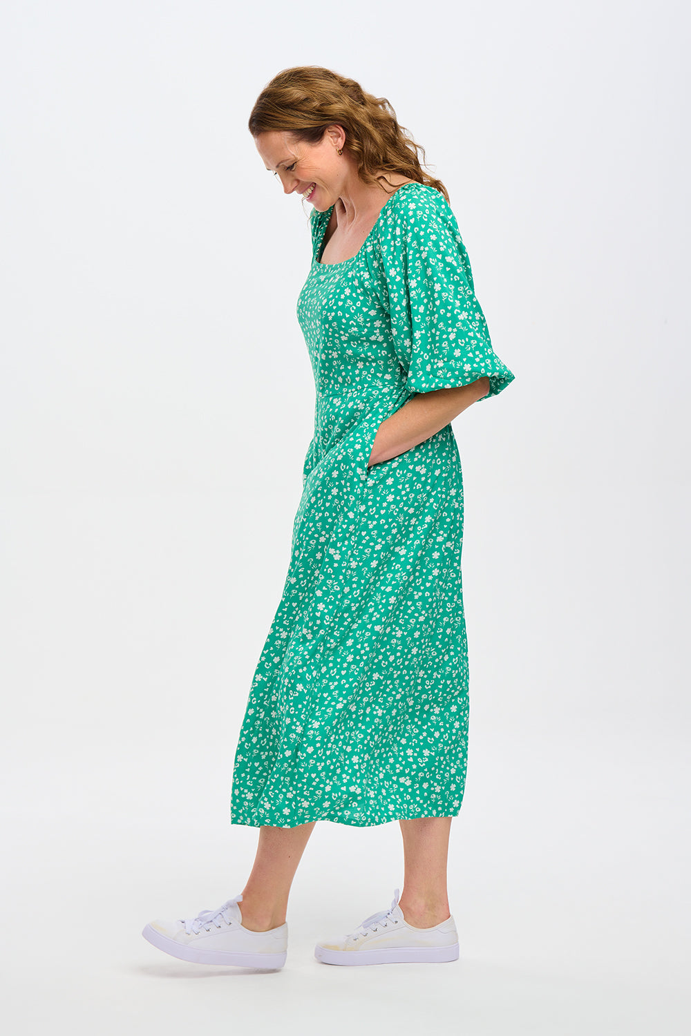 Catherine Floral Shirred Midi Dress in Green