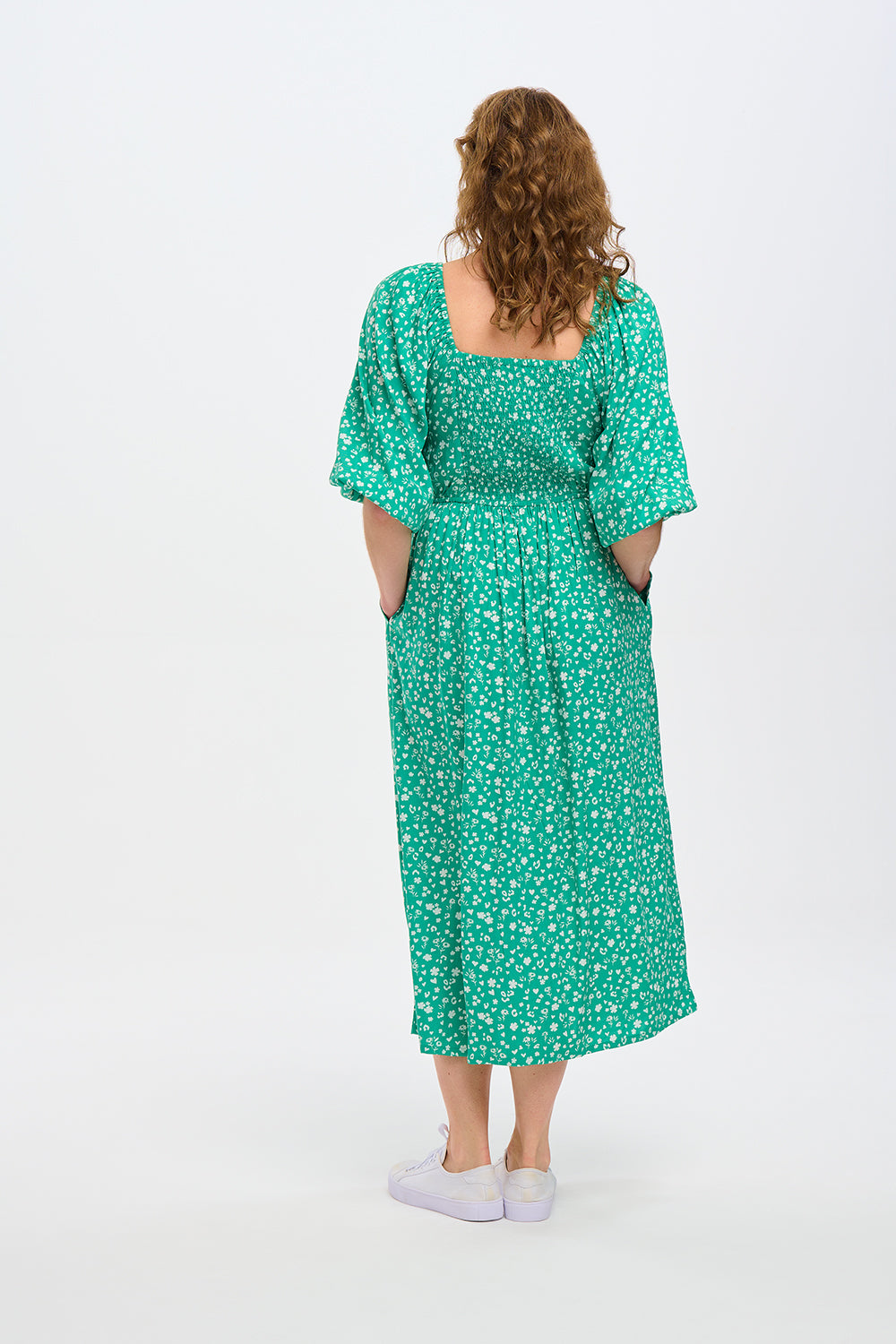 Catherine Floral Shirred Midi Dress in Green