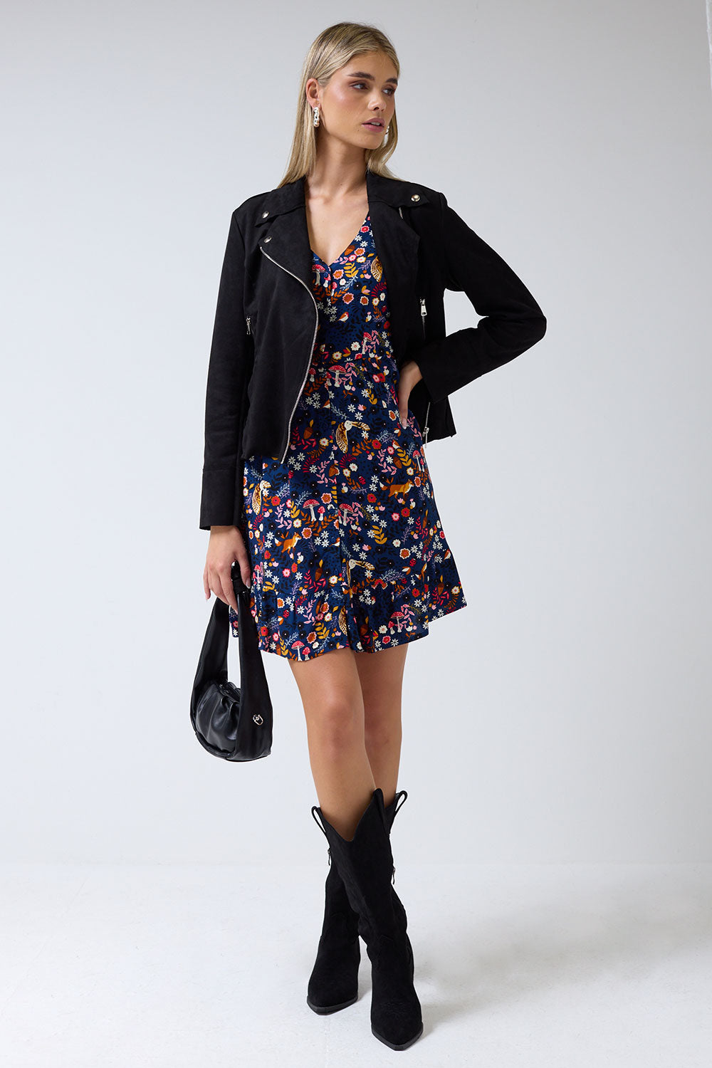 Bibi Long Sleeve V-Neck Printed Short Tea Dress in Navy