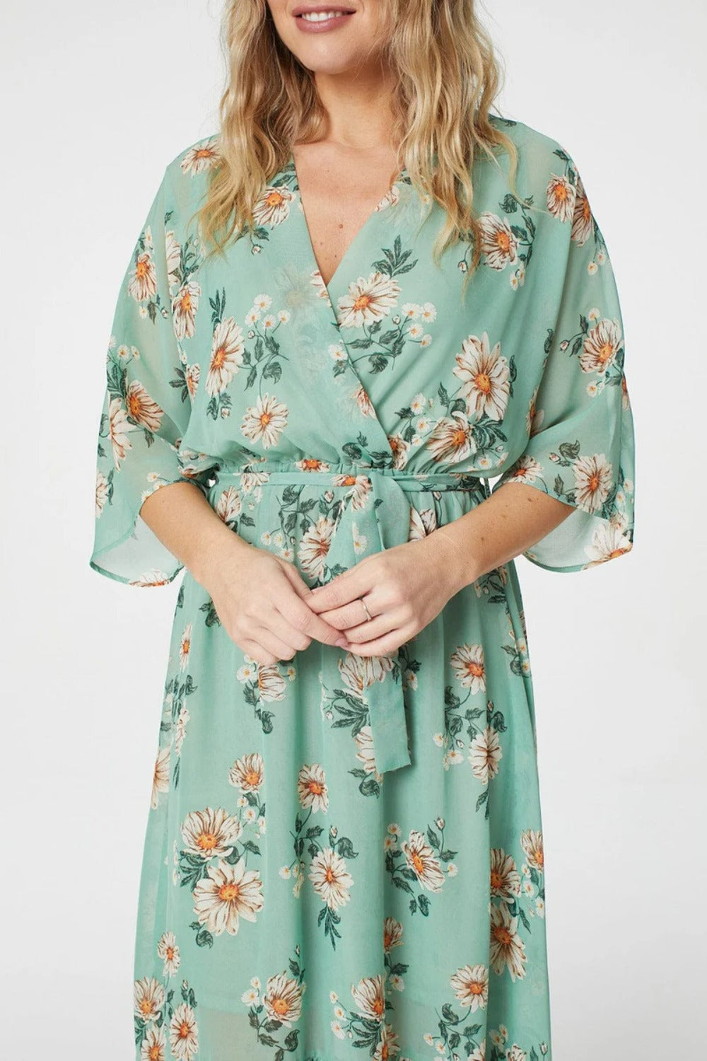 Keva Kimona Wrap Midi Dress in Green