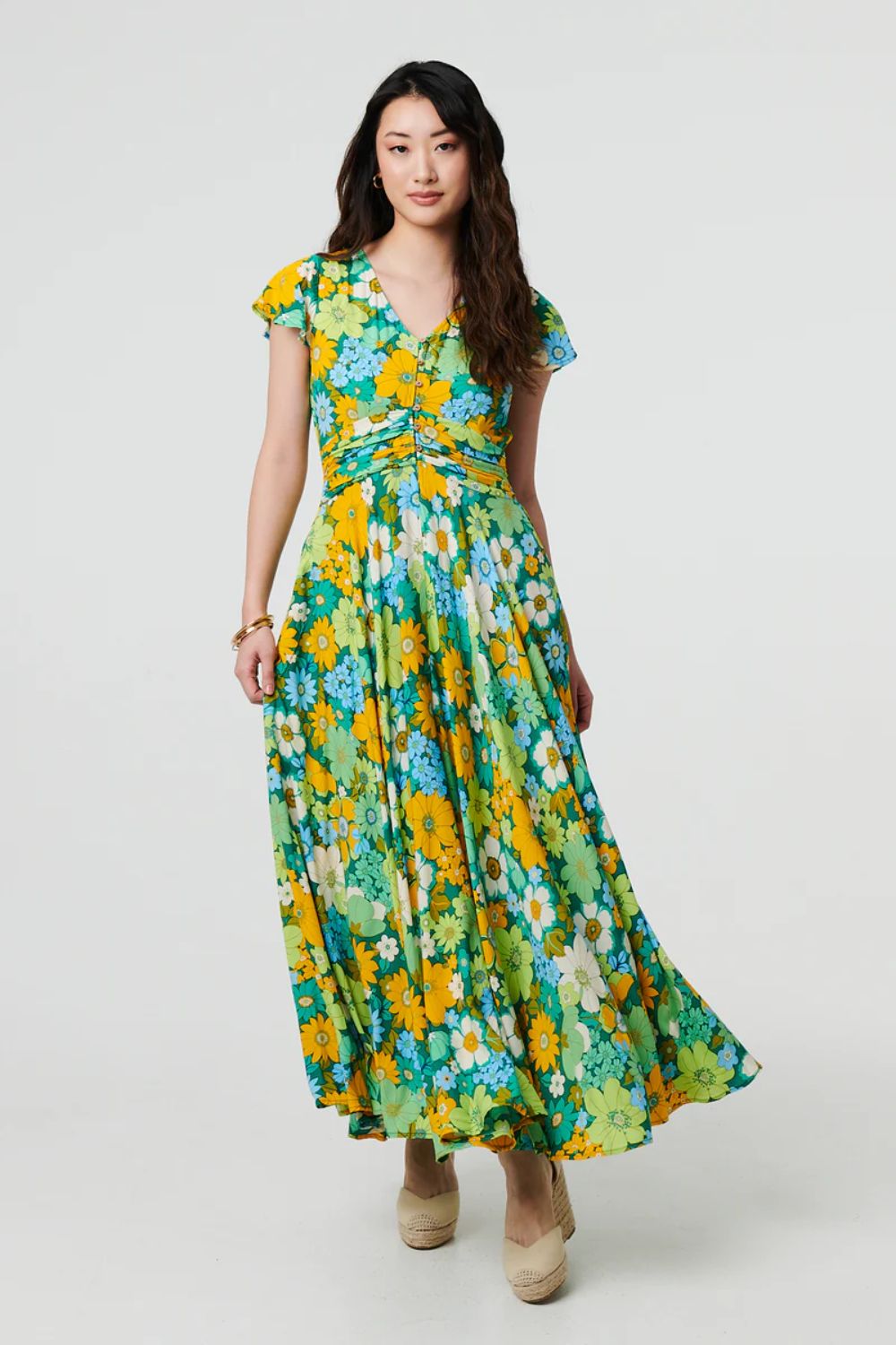 Norah Floral Cap Sleeve Maxi Dress in Green