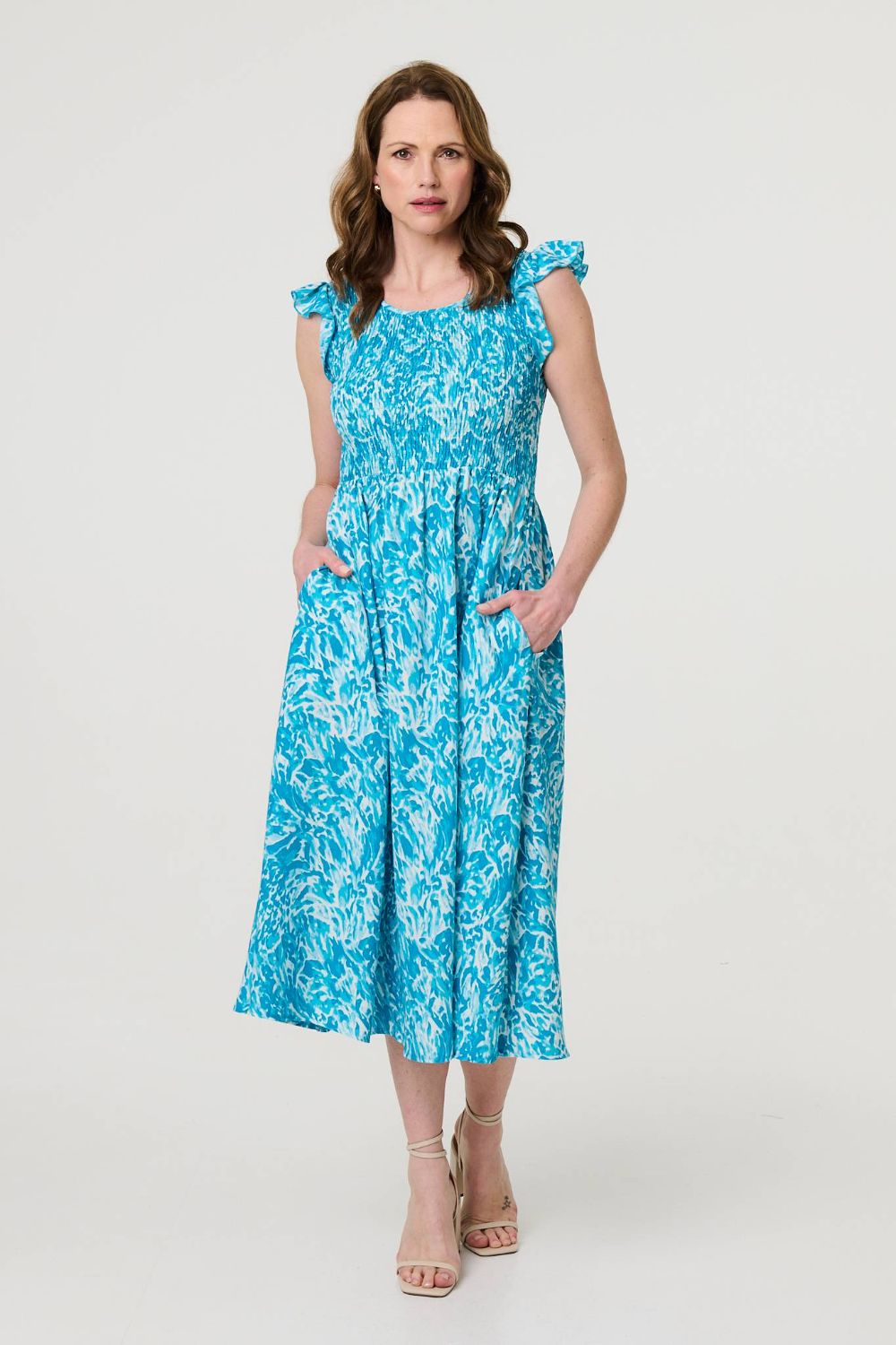 Ciara Floral Cap Sleeve Midi Dress in Blue