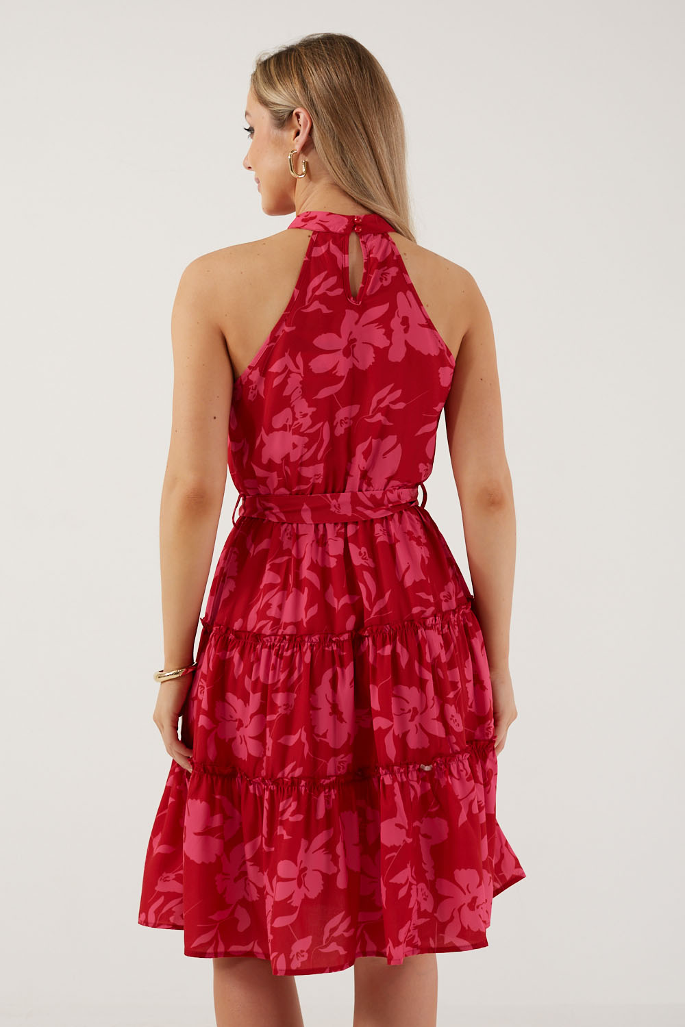 Floral Halter Neck Short Tiered Dress in Pink