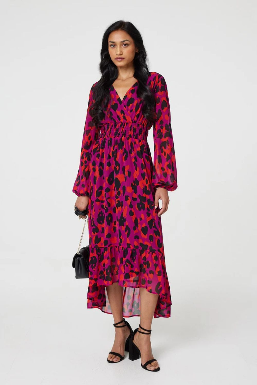Marcela Animal Print V-Neck High-Low Midi Dress in Purple