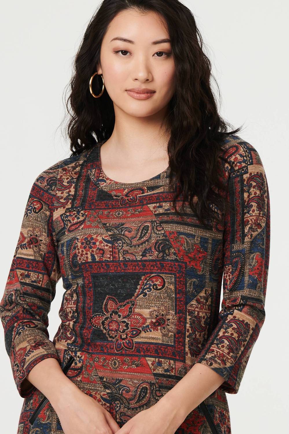 Patchwork Print 3/4 Sleeve Short Dress in Black