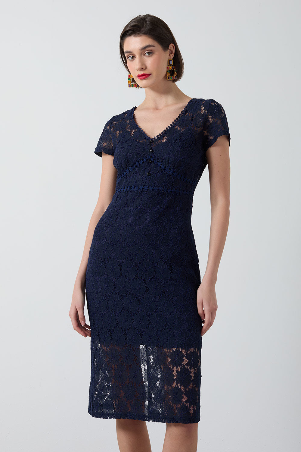 Sabrina Lace Knee Length Dress in Navy
