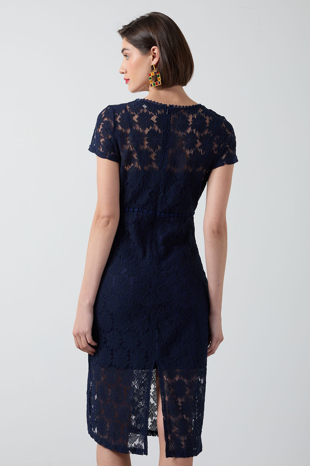 Sabrina Lace Knee Length Dress in Navy