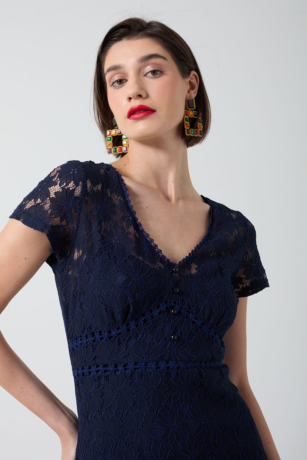 Sabrina Lace Knee Length Dress in Navy