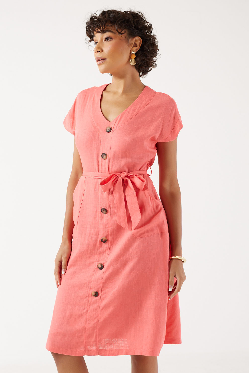 Violeta Button-Up Linen Midi Dress in Coral