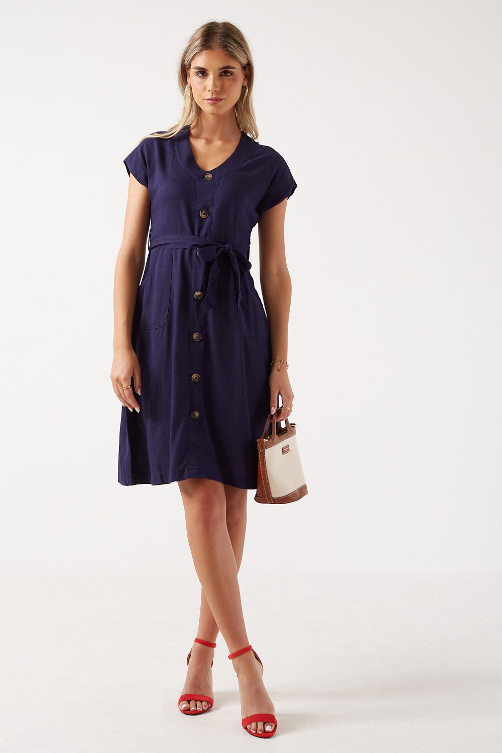 Violeta Button-Up Linen Midi Dress in Navy