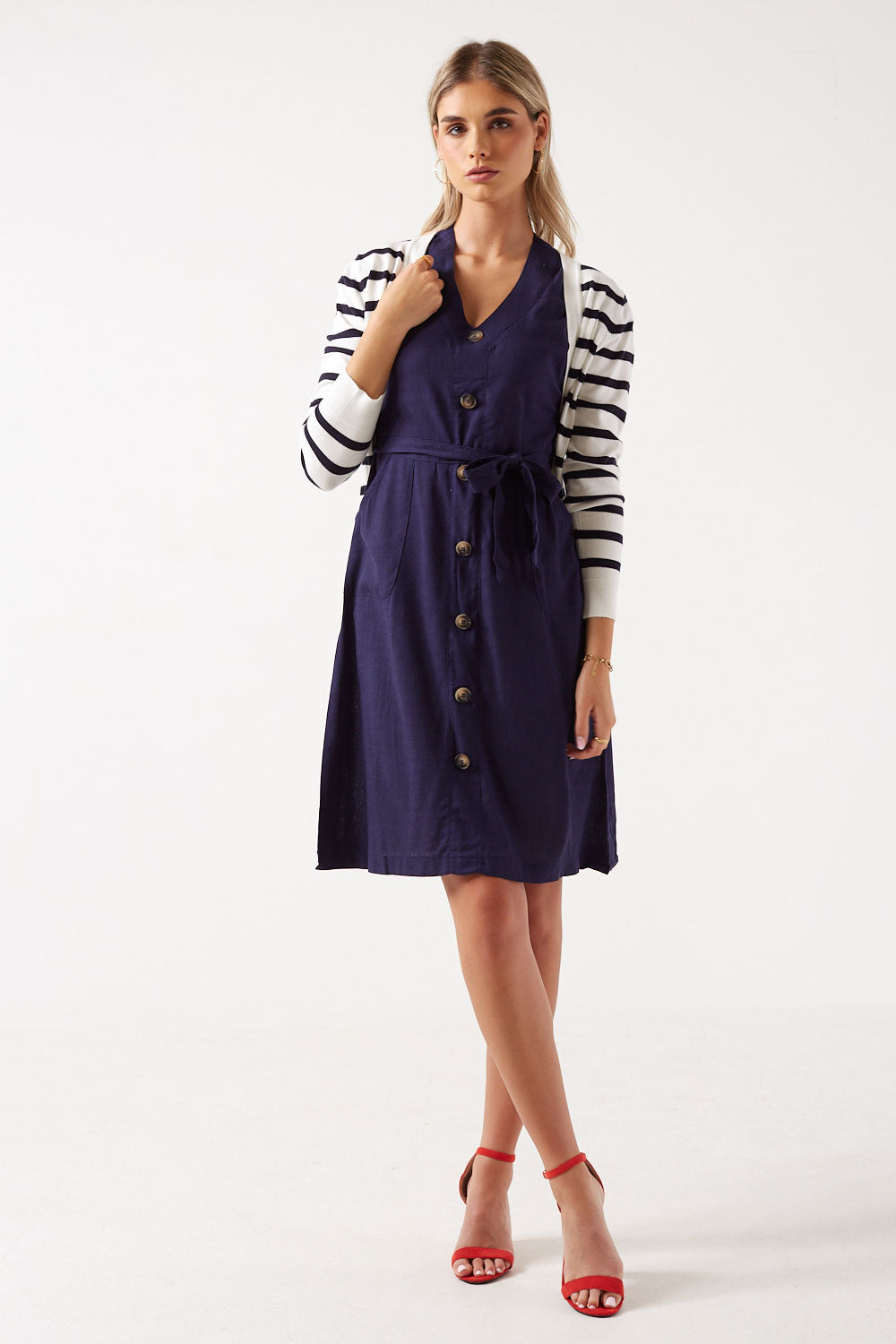 Violeta Button-Up Linen Midi Dress in Navy