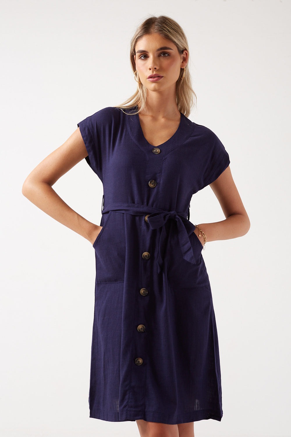 Violeta Button-Up Linen Midi Dress in Navy