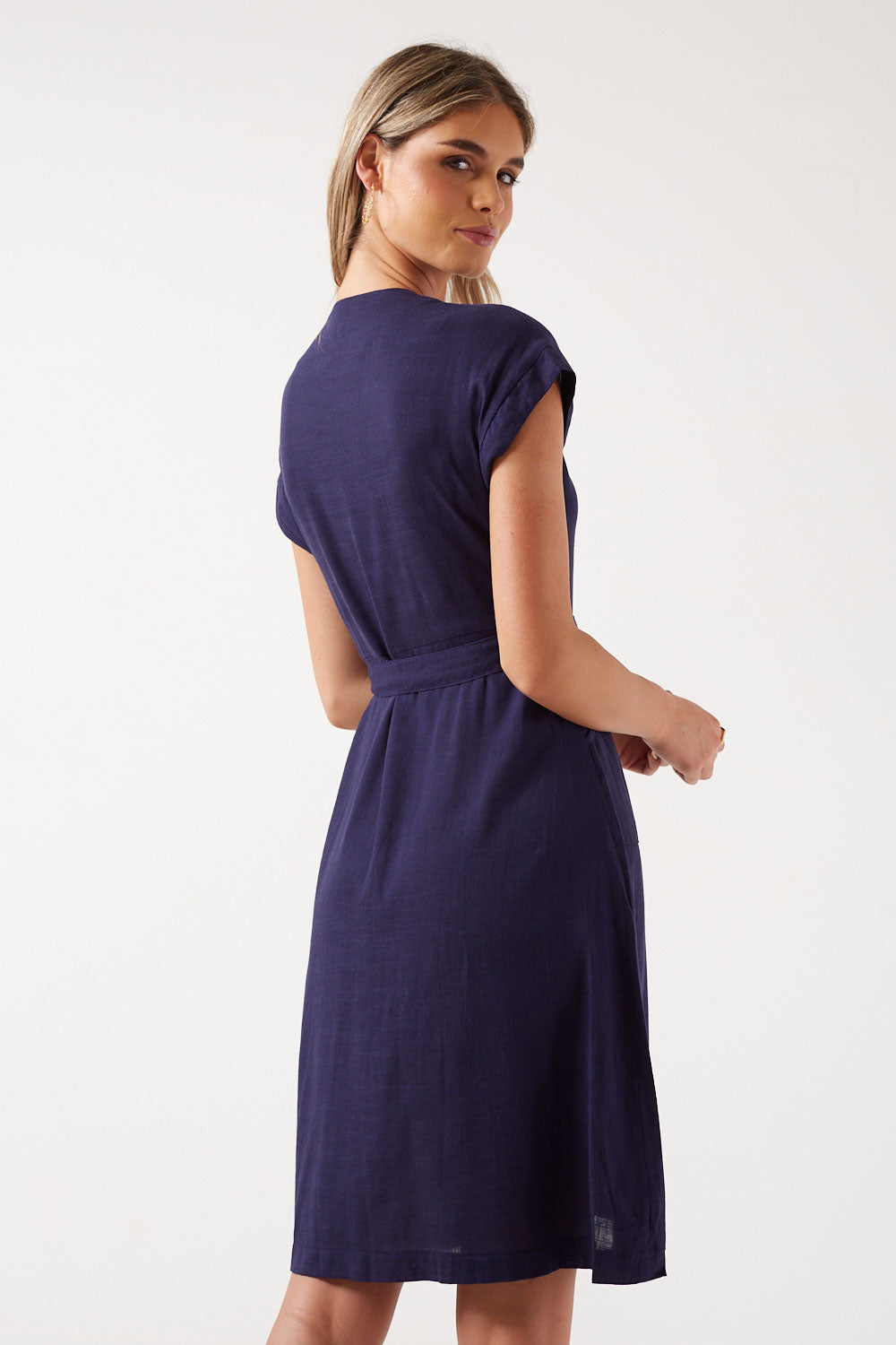Violeta Button-Up Linen Midi Dress in Navy