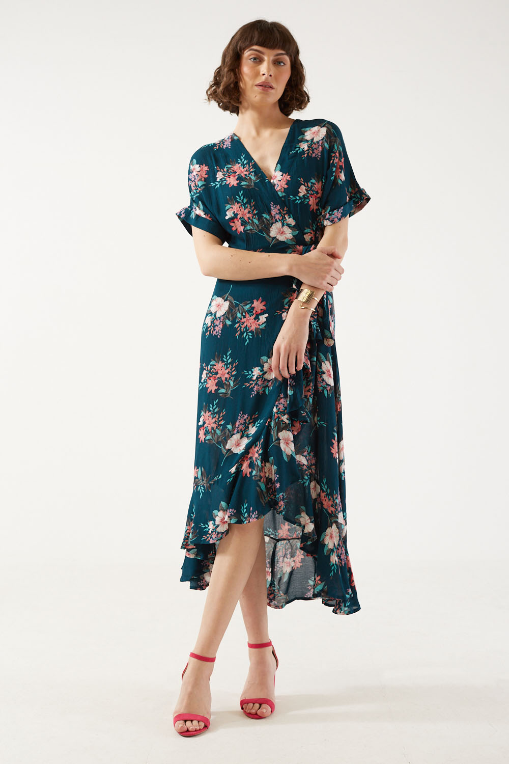 Amelia Floral Wrap Midi Dress in Dark Green