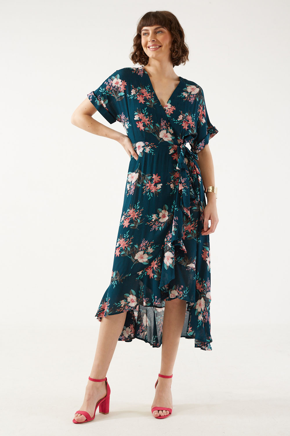 Amelia Floral Wrap Midi Dress in Dark Green