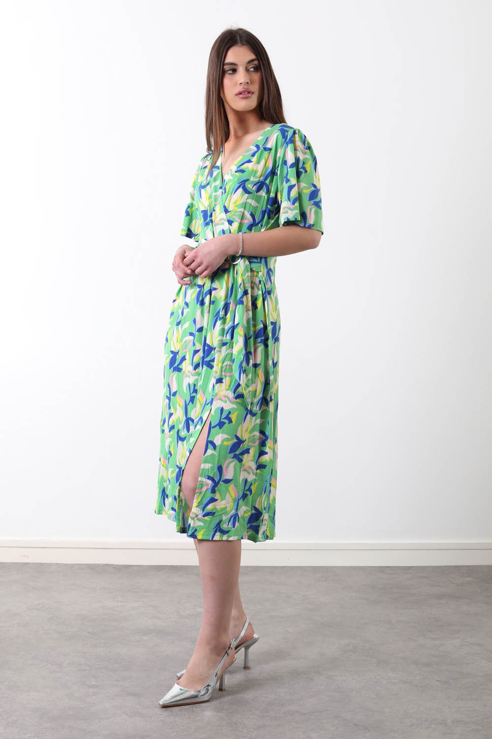 Mel Printed Belt Detail Wrap Midi in Green