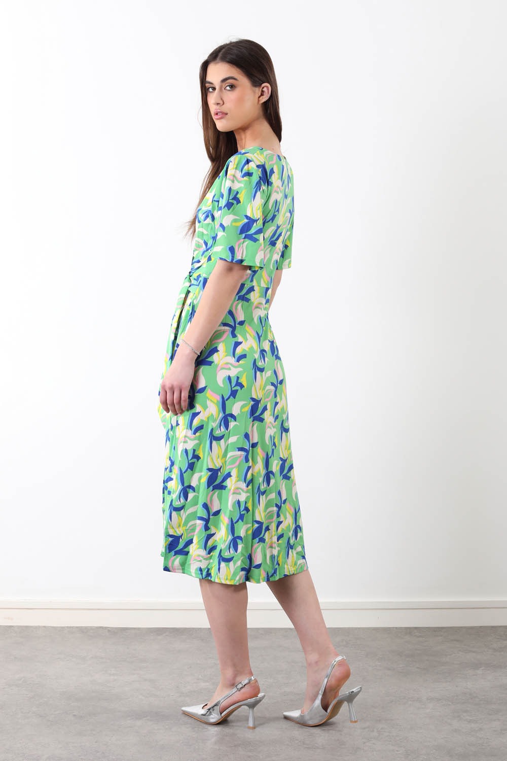Mel Printed Belt Detail Wrap Midi in Green