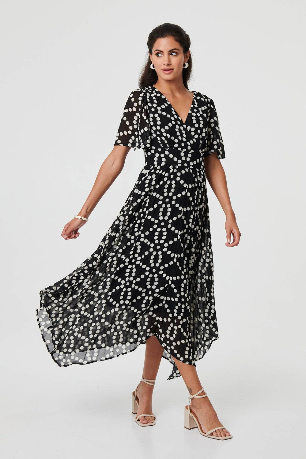Polka Dot Hanky Hem Midi Dress in Black