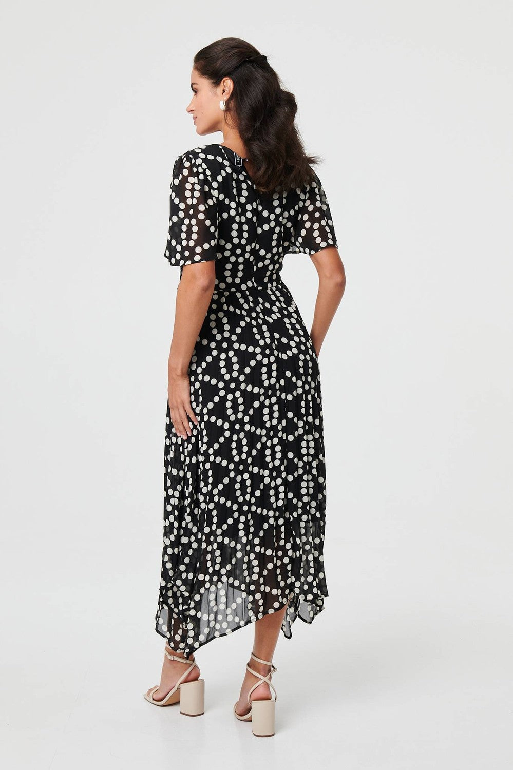 Polka Dot Hanky Hem Midi Dress in Black
