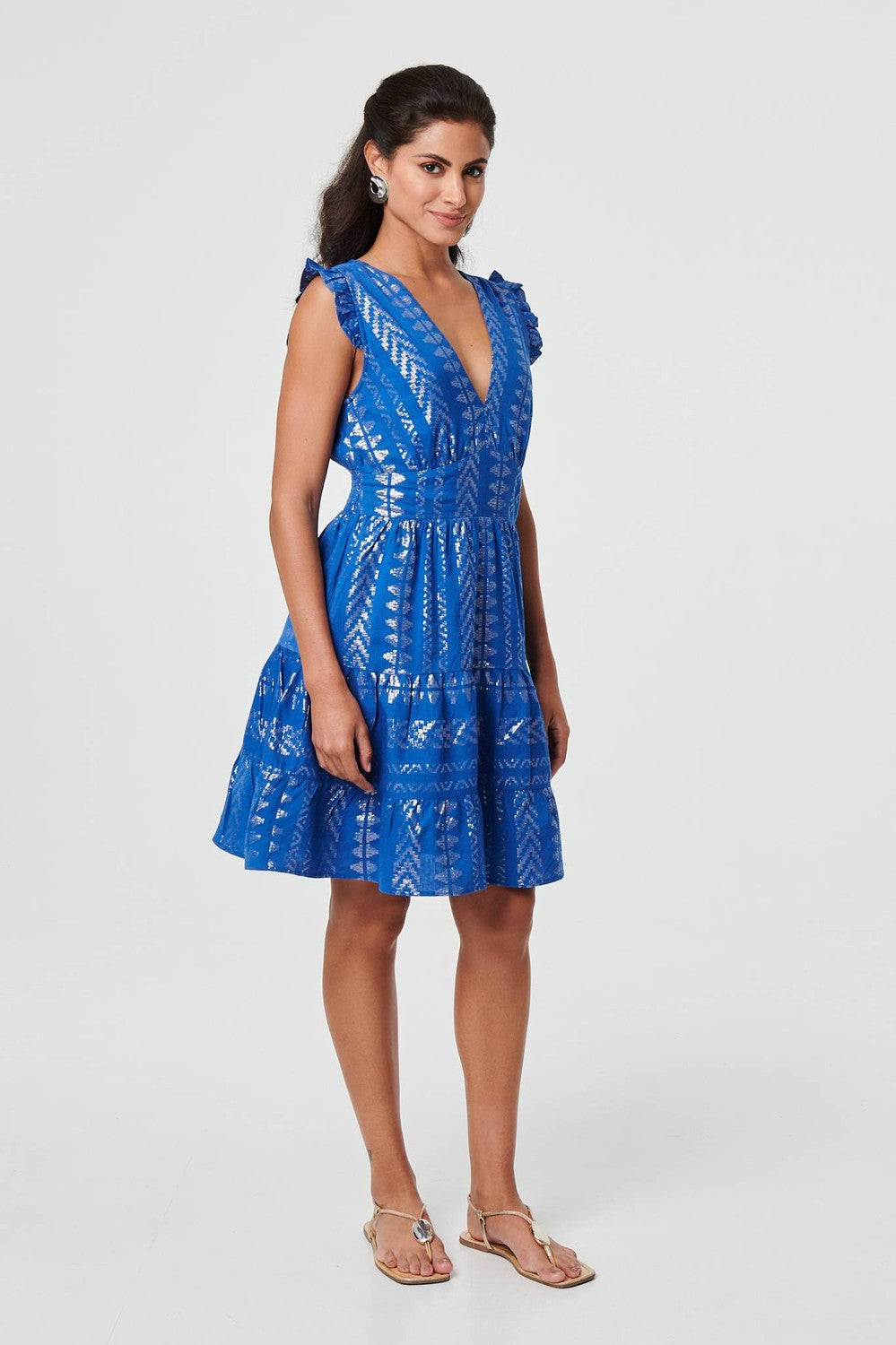 Metallic Cap Sleeve Short Skater Dress in Blue