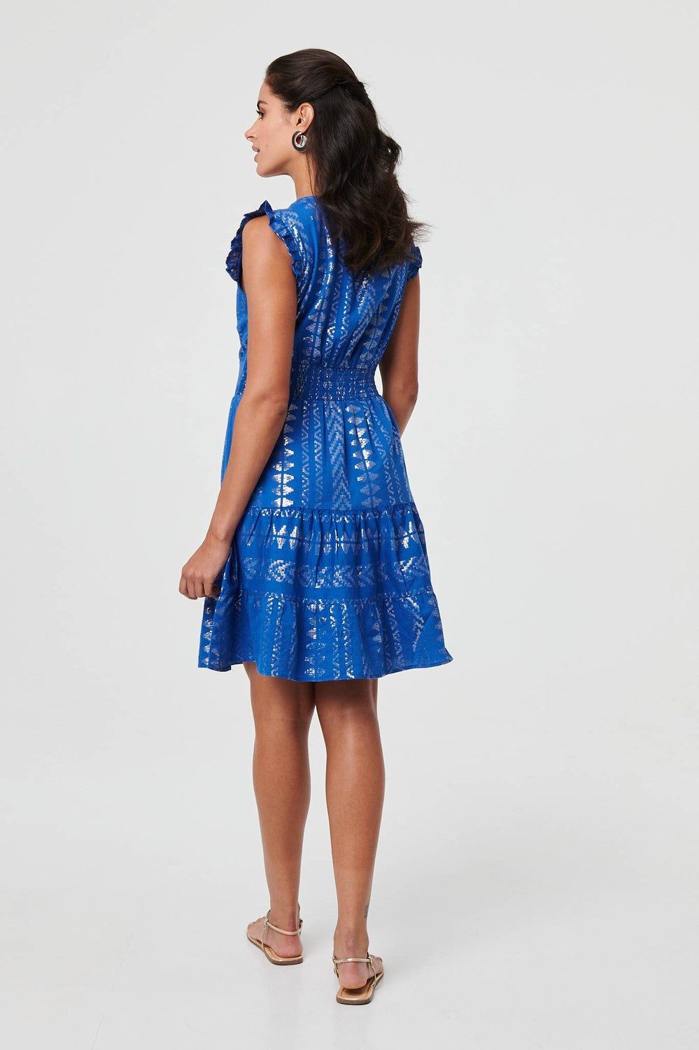Metallic Cap Sleeve Short Skater Dress in Blue