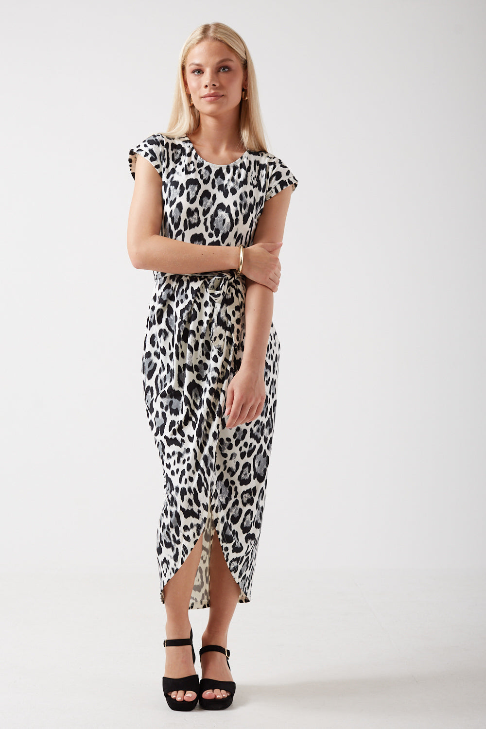 Stacey Leopard Printed Midi Dress in Grey