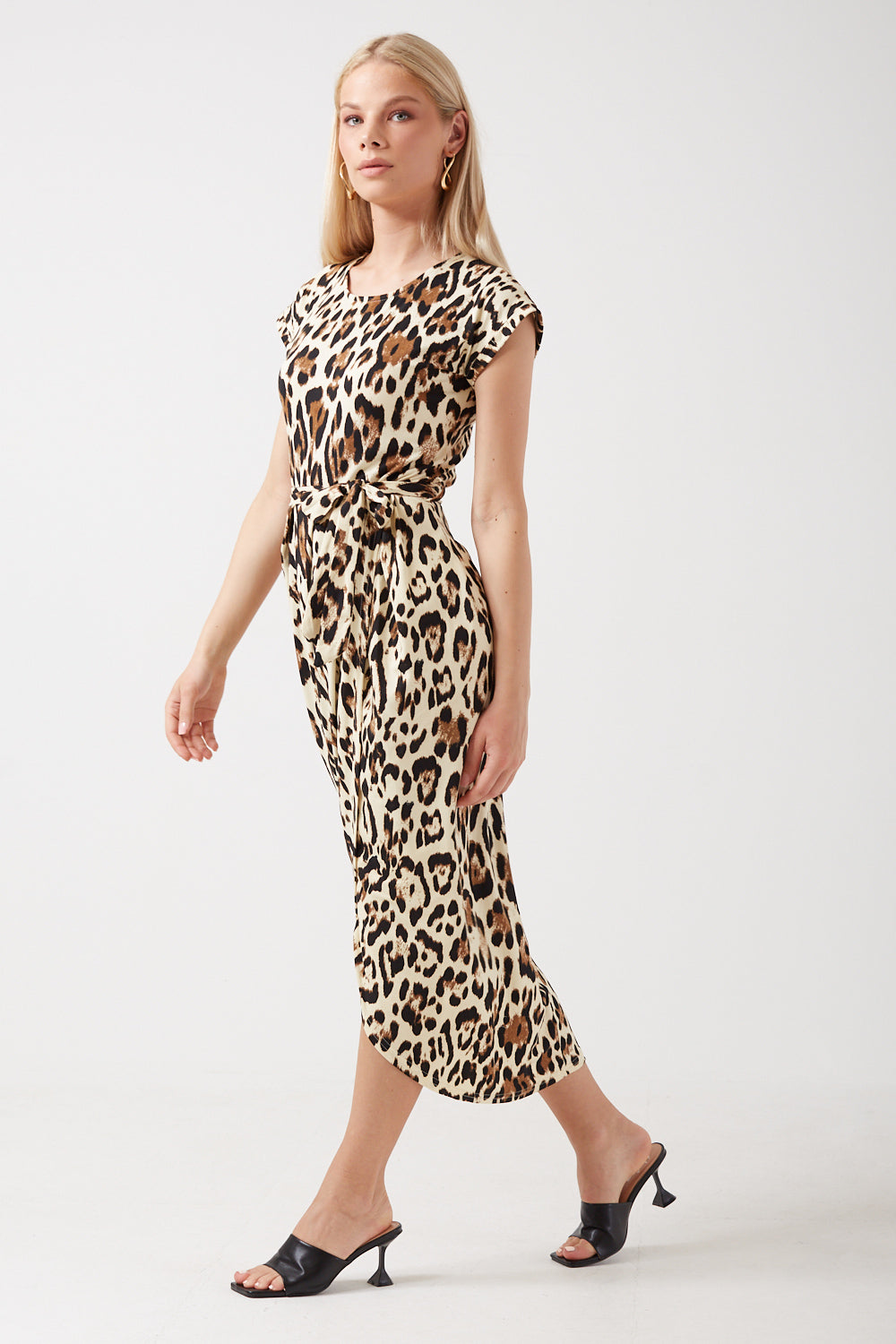 Stacey Leopard Printed Midi Dress in Beige