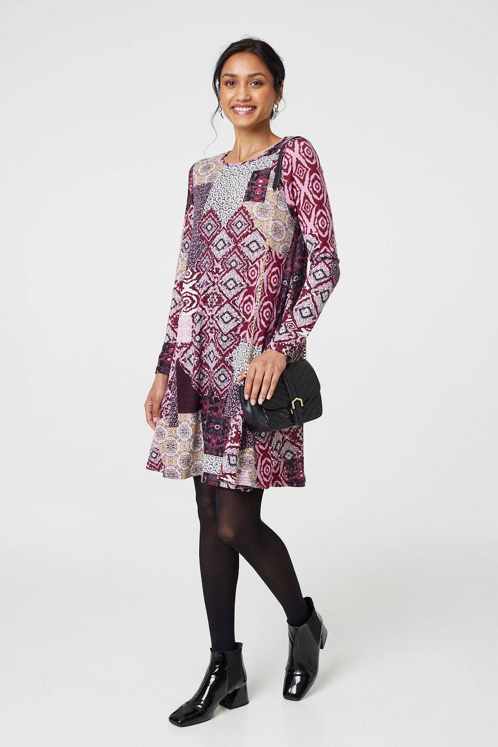 Patchwork Long Sleeve Short Swing Dress in Pink