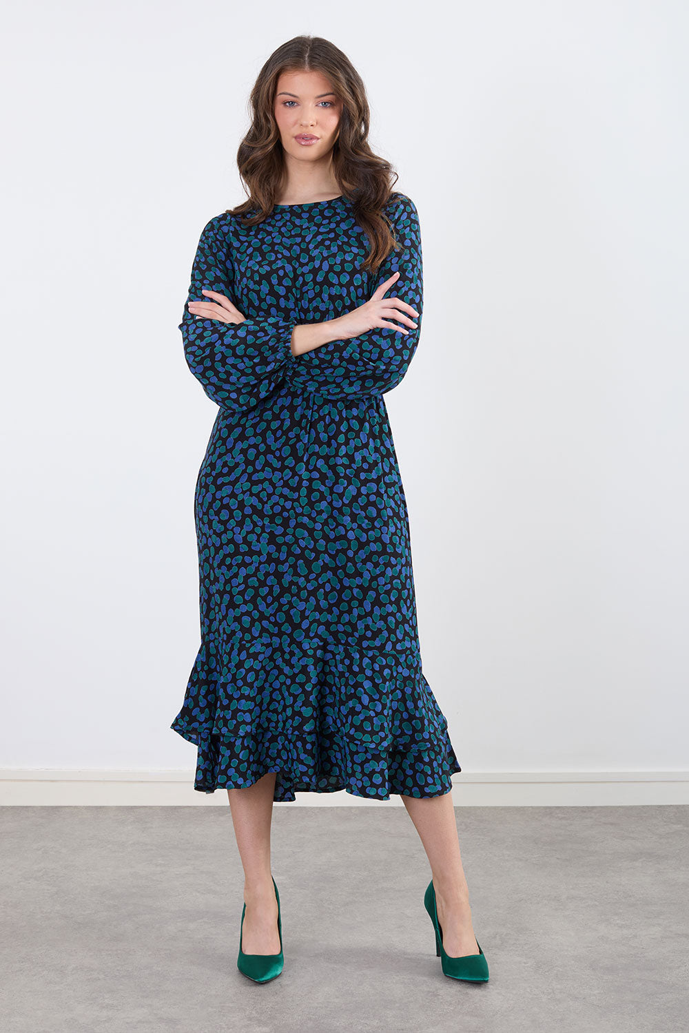 Felicity Ruffle Dress in Blue Green Print