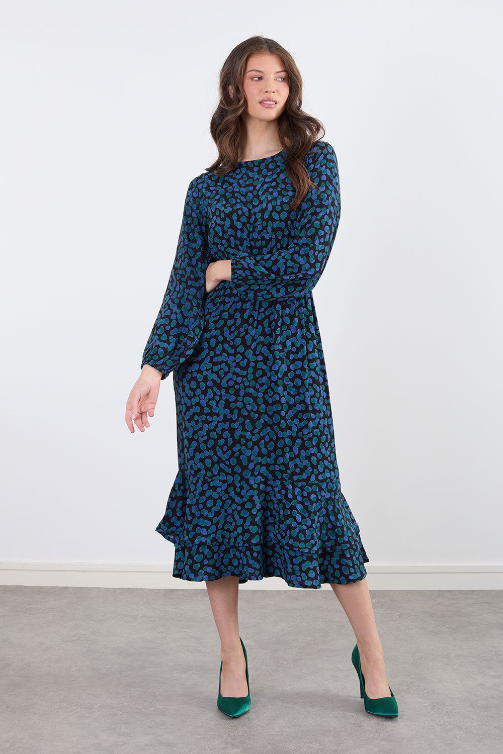 Felicity Ruffle Dress in Blue Green Print