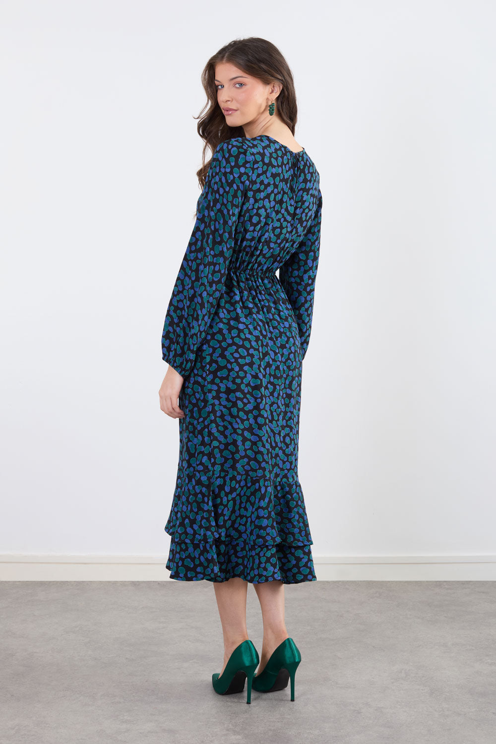 Felicity Ruffle Dress in Blue Green Print