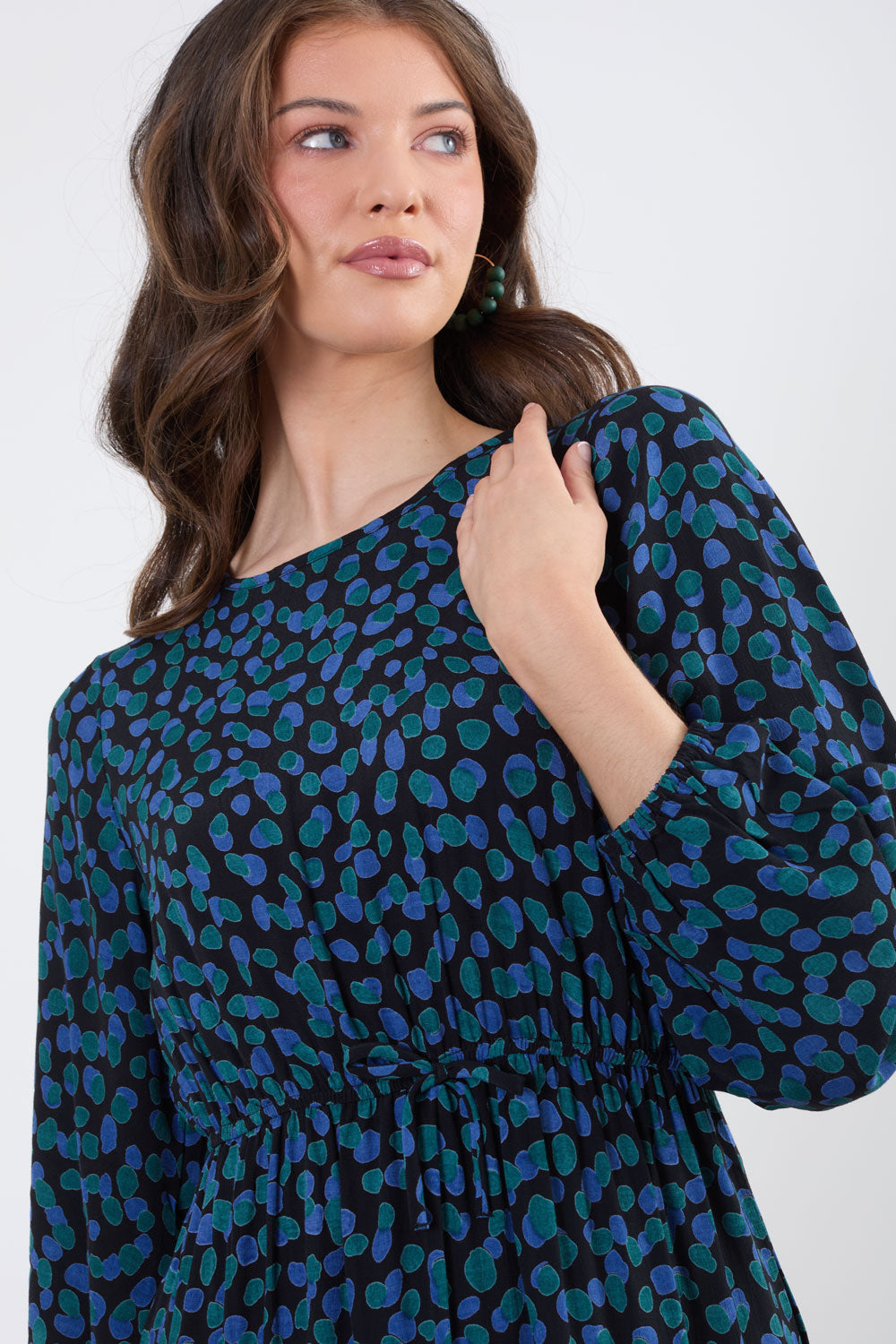 Felicity Ruffle Dress in Blue Green Print