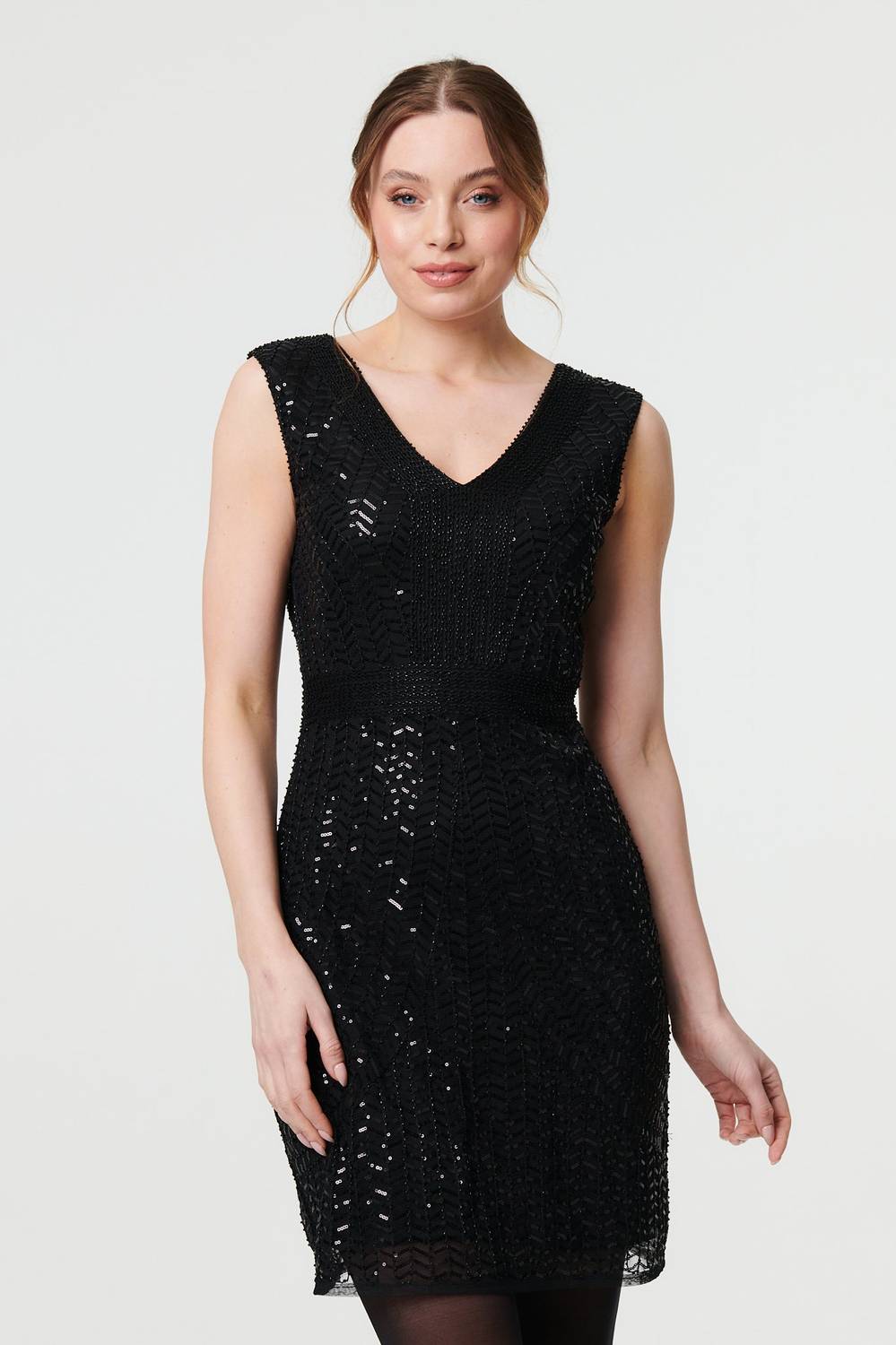 Sequin Embellished Sleeveless Mini Dress in Black