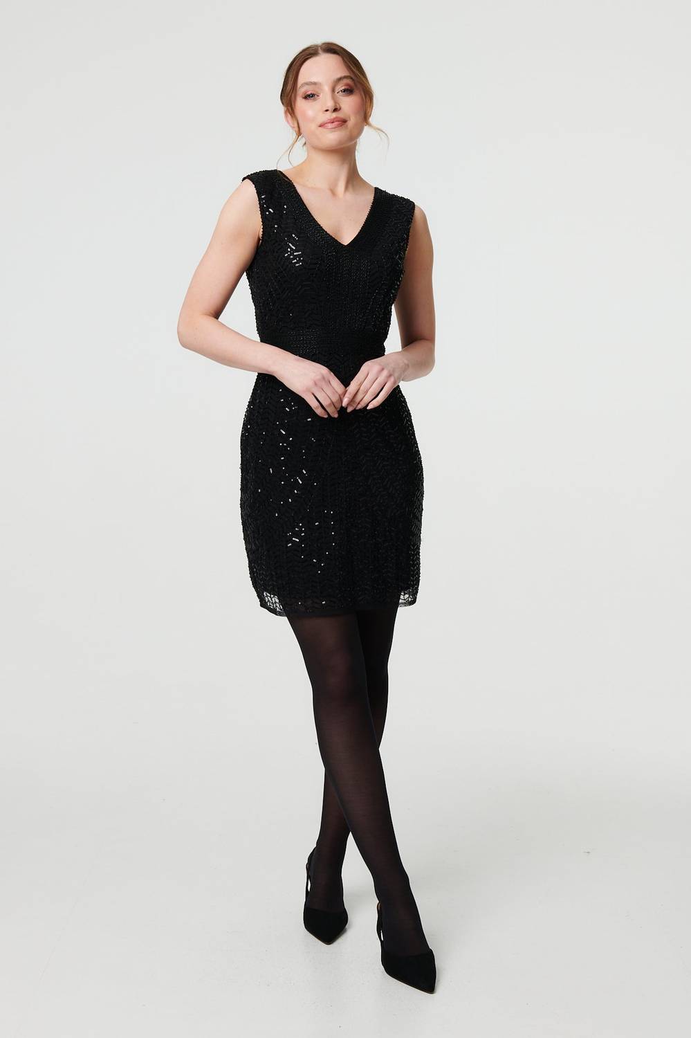 Sequin Embellished Sleeveless Mini Dress in Black