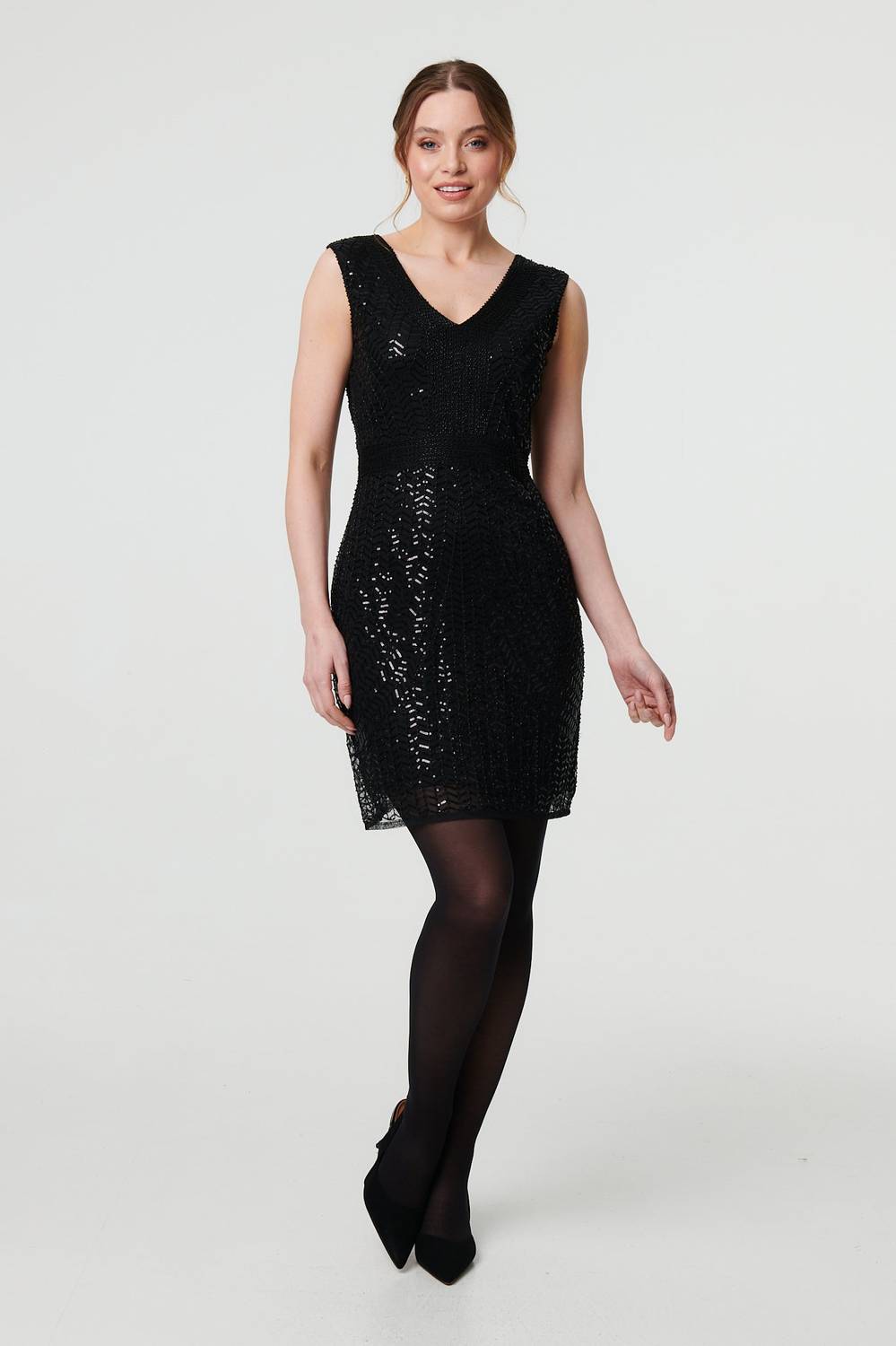 Sequin Embellished Sleeveless Mini Dress in Black