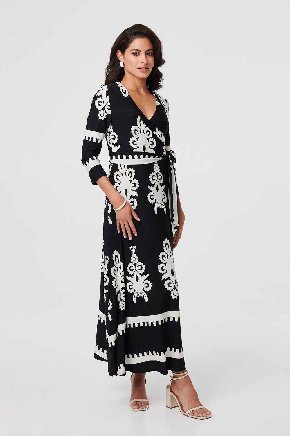 Ikat Print 3/4 Sleeve Wrap Maxi Dress in Black