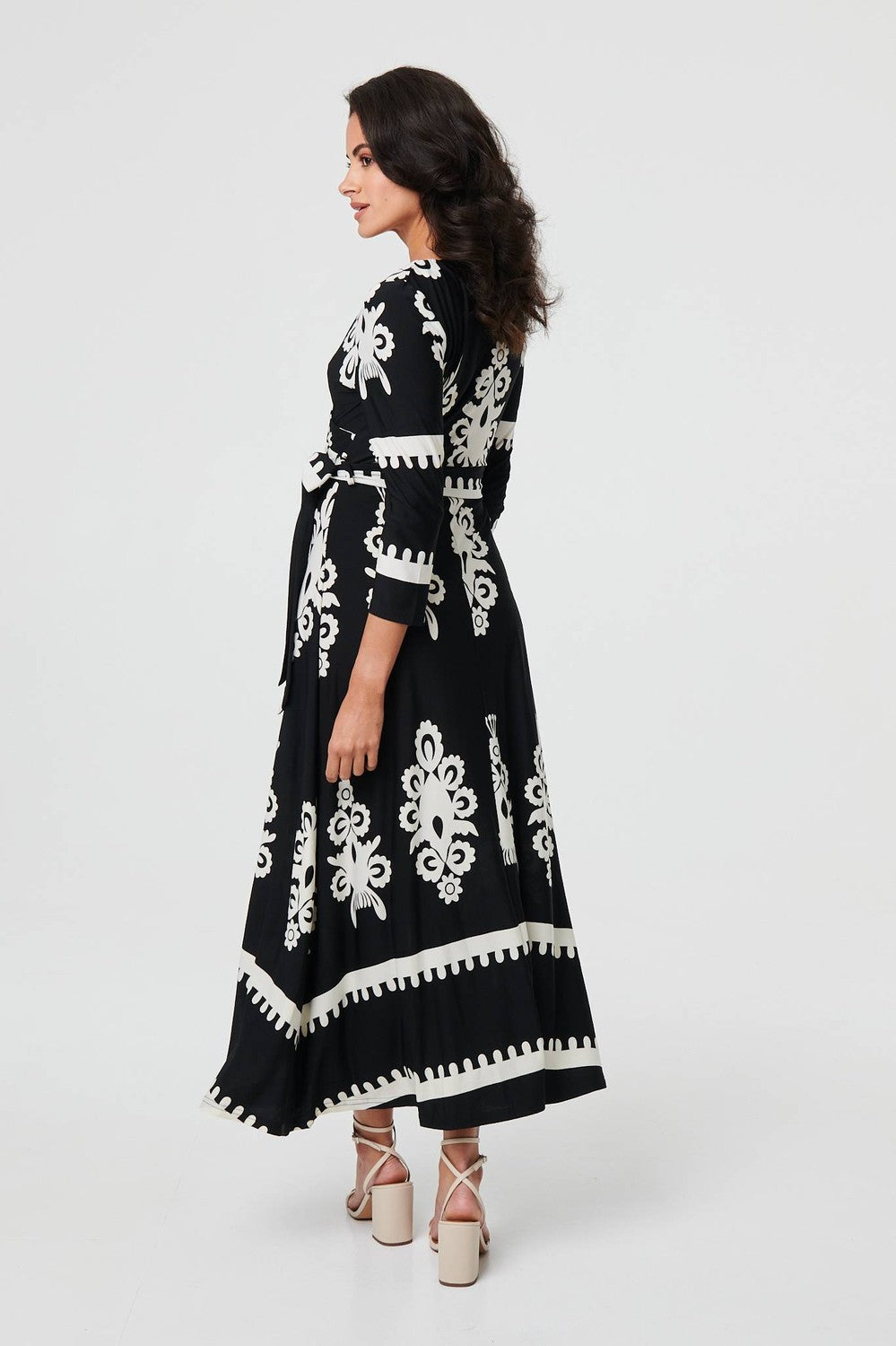 Ikat Print 3/4 Sleeve Wrap Maxi Dress in Black
