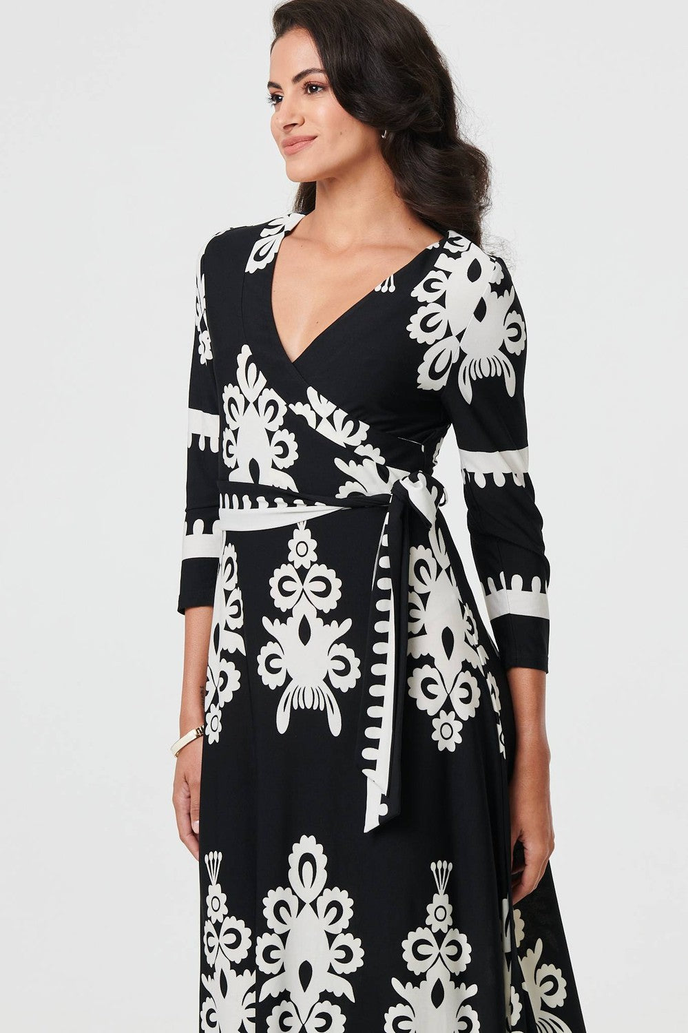 Ikat Print 3/4 Sleeve Wrap Maxi Dress in Black