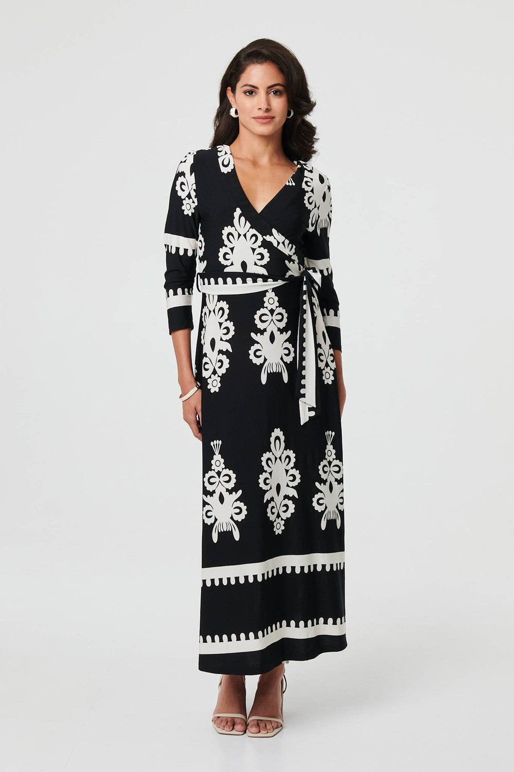 Ikat Print 3/4 Sleeve Wrap Maxi Dress in Black