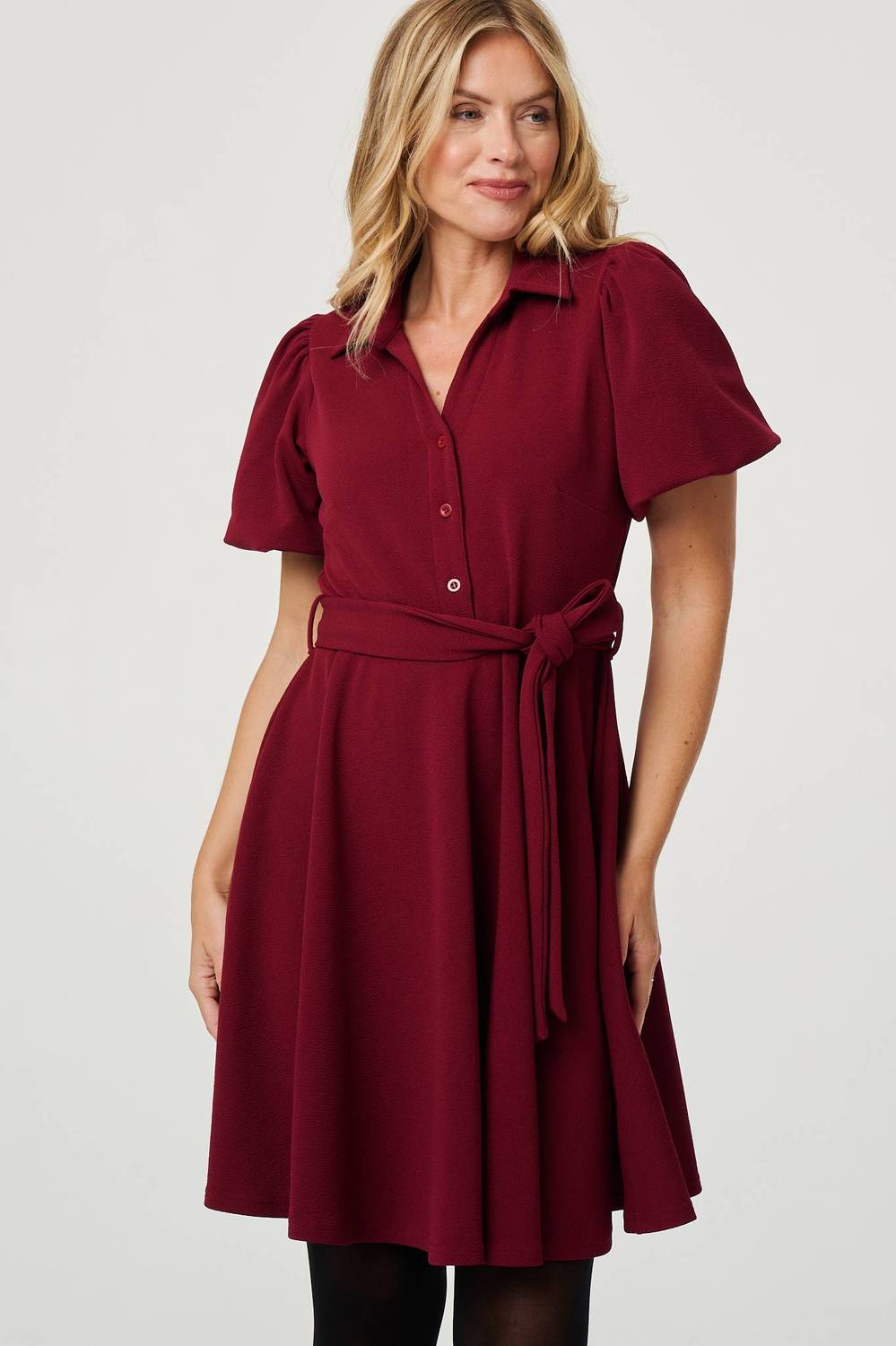 Puff Sleeve Tie Waist Short Skater Dress in Red