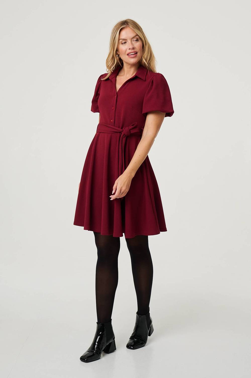 Puff Sleeve Tie Waist Short Skater Dress in Red