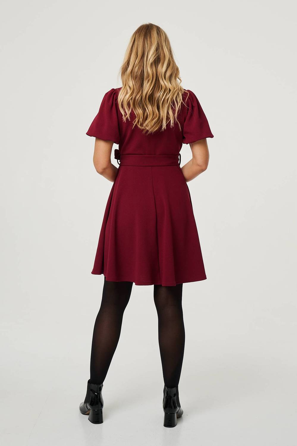 Puff Sleeve Tie Waist Short Skater Dress in Red