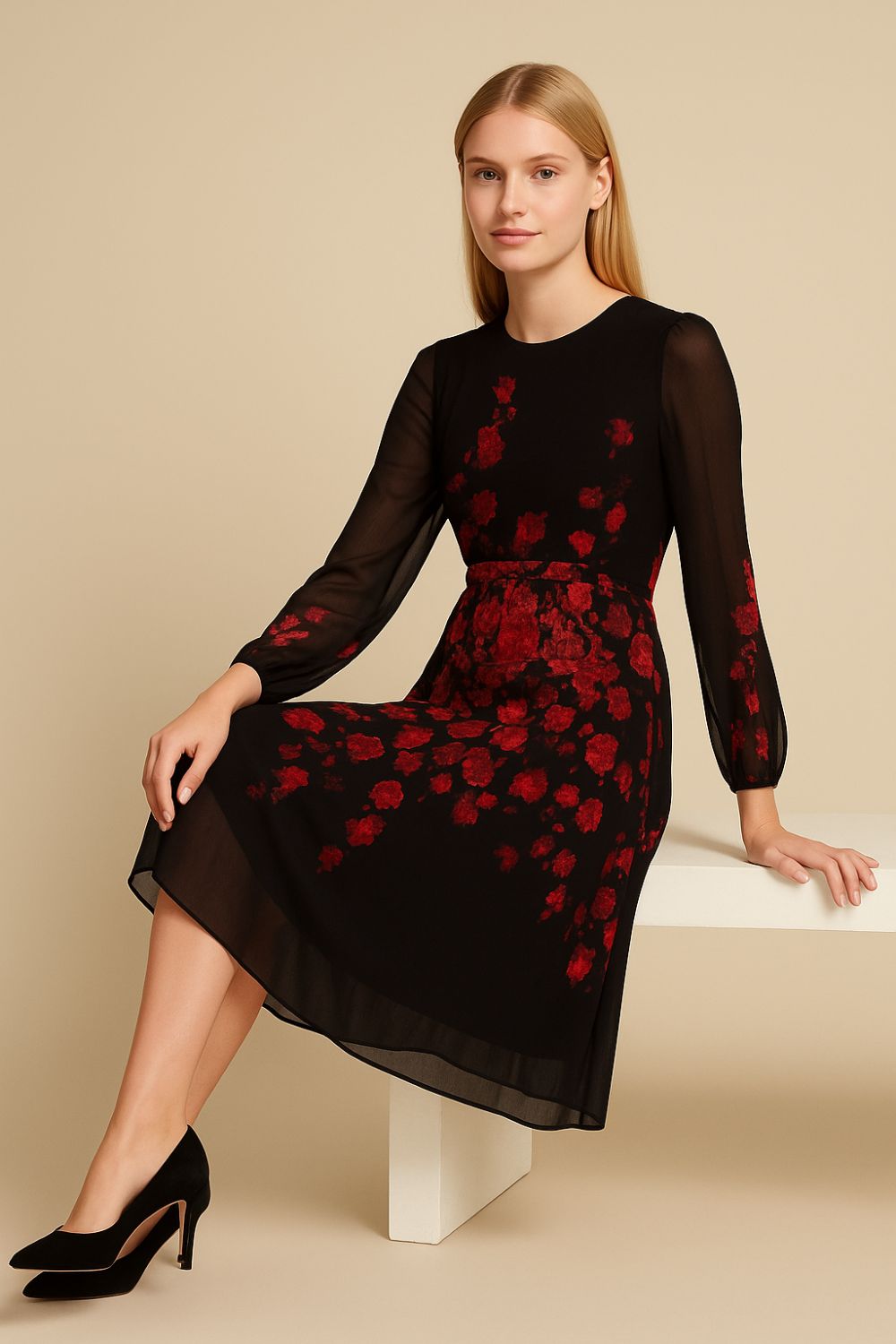 Moira Floral Long Sleeve Midi Dress in Red