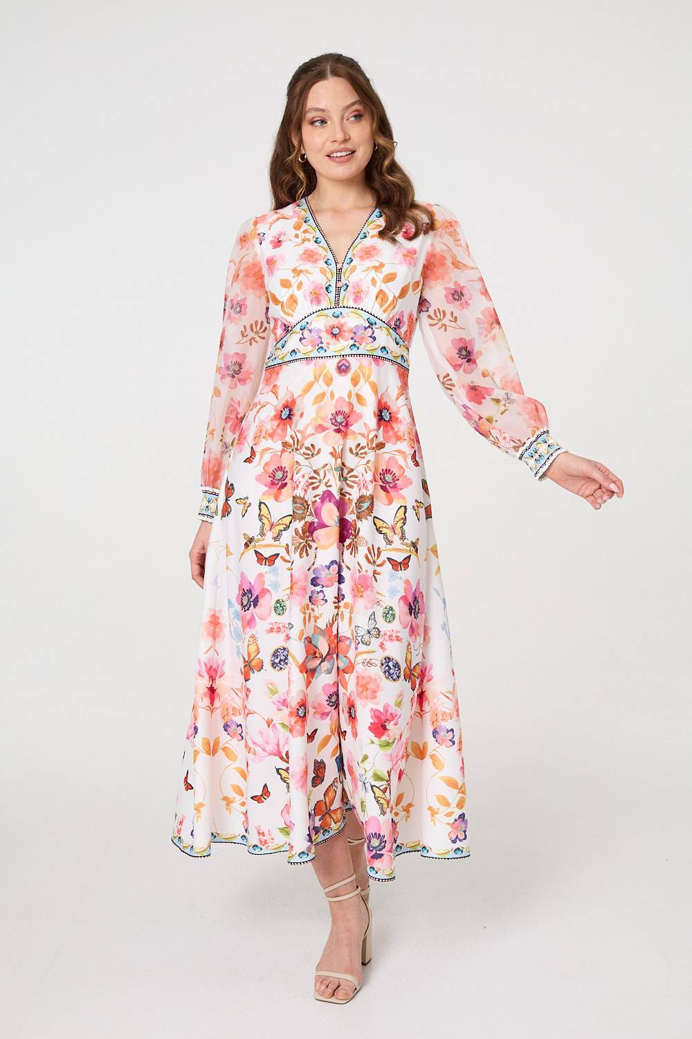 Border Print Empire Kimono Maxi Dress in Pink