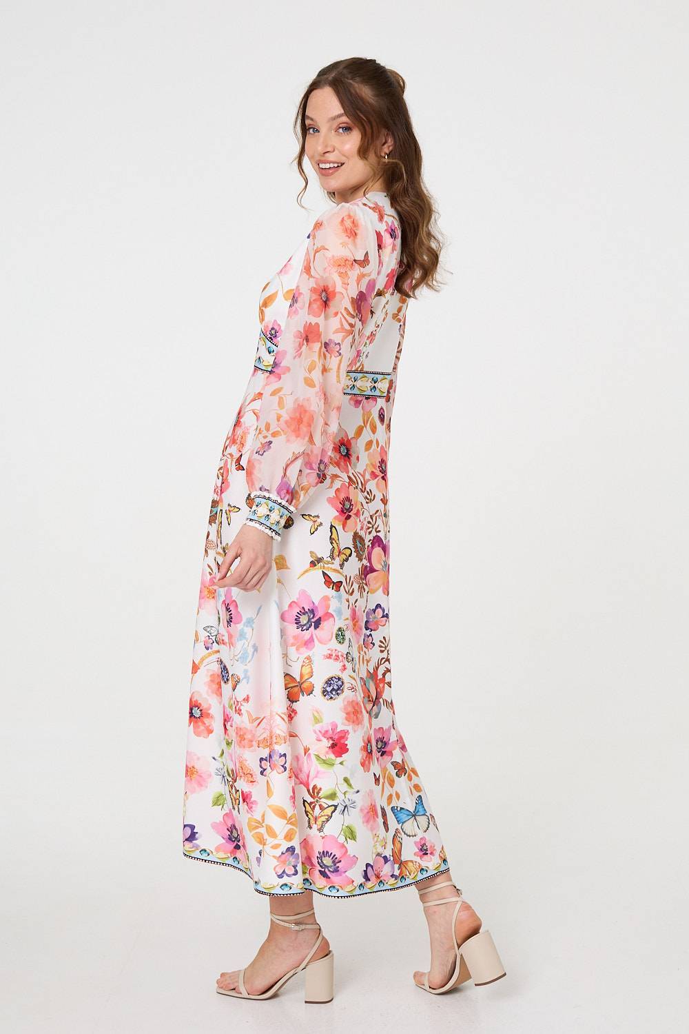 Border Print Empire Kimono Maxi Dress in Pink