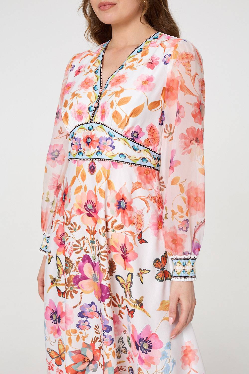 Border Print Empire Kimono Maxi Dress in Pink