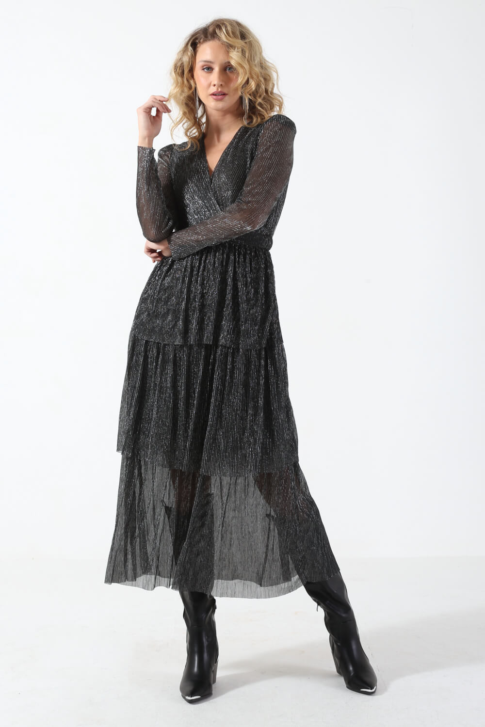 Alana Ruffled Metallic Long Dress in Black and Silver